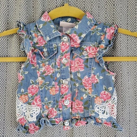 Little Las Rose Print Jean Snap Button Up Sleeveless Jacket Size 24M - Picture 1 of 13